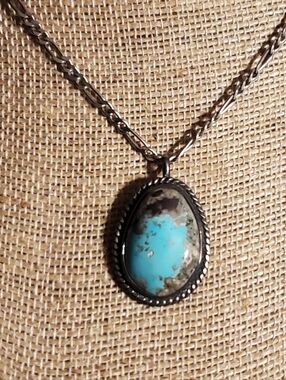 Native American Turquoise Pendant Sterling Silver Necklace Vintage